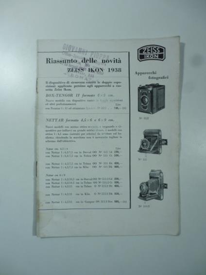 Riassunto delle novita' Zeiss Ikon 1938. (Catalogo macchine fotografiche) - copertina