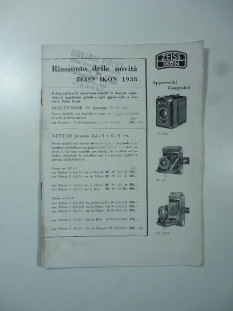 Riassunto delle novita' Zeiss Ikon 1938. (Catalogo macchine fotografiche) - copertina