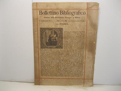 Bollettino bibliografico illustrato dello Stabilimento Sonzogno in Milano. Anno I, n. 1, 1883. La stampa - copertina