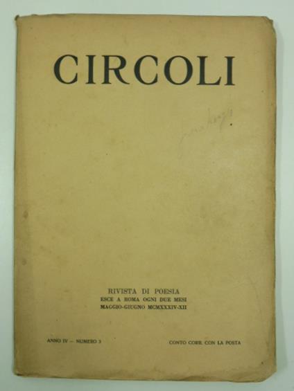 Circoli. Rivista di poesia, anno IV, maggio-giugno 1934, n. 3 - copertina
