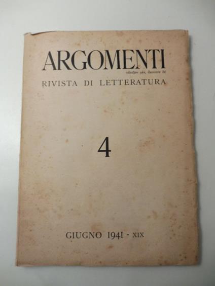 Argomenti. Rivista di letteratura. 4. Giugno 1941 - copertina