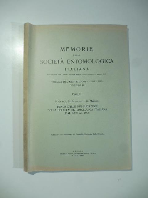 Indice delle pubblicazioni della Societa' entomologica italiana dal 1869 al 1968 - copertina