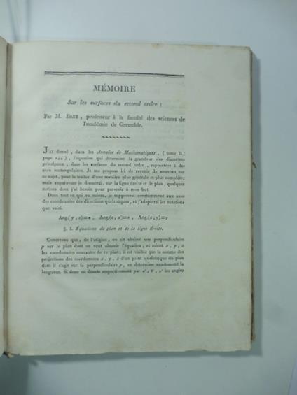 Memoire sur les surfaces du second ordre. Par M. Bret.. - Antoine Bret - copertina