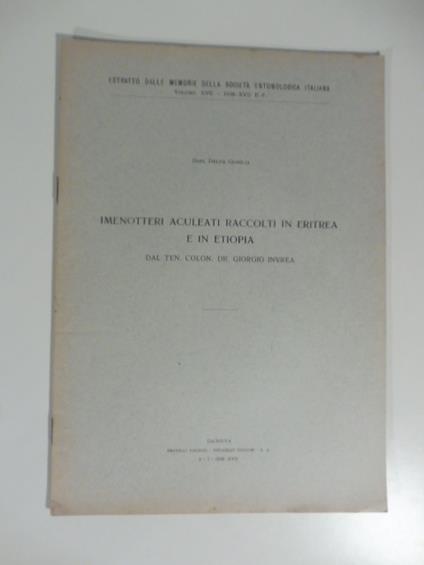 Imenotteri aculeati raccolti in Eritrea e in Etiopia da Giorgio Invrea - Delfa Guiglia - copertina