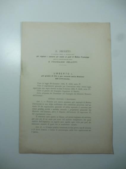 Ministero dell'Interno. R. Decreto... per regolare i concorsi per esame ai posti di Medico provinciale nelle R. Prefetture del Regno - Maria Luigia Pagliani - copertina