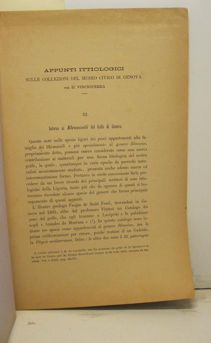 Appunti ittiologici sulle collezioni del Museo Civico di Genova. III. Intorno ai Blennioidi del Golfo di Genova - Decio Vinciguerra - copertina