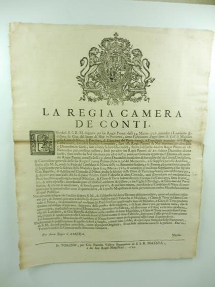 La Regia Camera de Conti. Essendosi S.S.R.M. degnata per sue regie patenti delli 24 Marzo 1726 conceder a Lamberto Ardissone fu Gio. del luogo di Biot in Provenza come fabricatore d'ogni sorte di vasi di majolica nella citta' di Nizza li privilegi & - copertina
