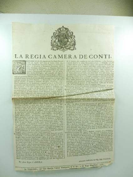 La Regia Camera de Conti. Essendosi S.S.R.M. degnata per sue Regie Patenti... d'accordare a Francesco Domenico Miraglio, Gioseppe Allasonato e Vincenzo Galleani il privilegio di tenere ed amministrare per anni dodeci... gia' concesso alli Signori Con - copertina