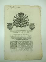 Cesare Giustiniano Alfieri conte di S. Martino... essendo questa citta' incaricata di pagare per tutto il Novembre prossimo... lire dugento mila a titolo d'Imposizione straordinaria nelle presenti contingenze di guerra... e per soddisfare alla suddet
