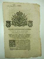 Cesare Giustiniano Alfieri conte di S. Martino... abbenche' nel manifesto nostro del primo dello scorso ottobre ci fossimo proposti di potere... far pervenire nella Tesoreria Generale di S. M. le lire dugento mila sovra di questa citta' a titolo di c