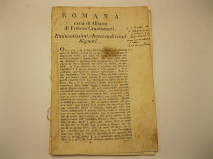 Alla s.gra consulta monsig. ill.mo e r.mo Lazzari Ponente. Romana ossia Albano di pretese crassazioni per Niccola Cavallo contro L. A. Curia e il fisco. Difesa con sommario - copertina