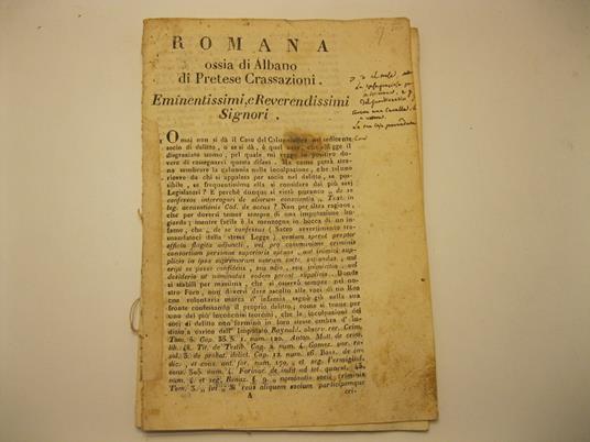 Alla s.gra consulta monsig. ill.mo e r.mo Lazzari Ponente. Romana ossia Albano di pretese crassazioni per Niccola Cavallo contro L. A. Curia e il fisco. Difesa con sommario - copertina