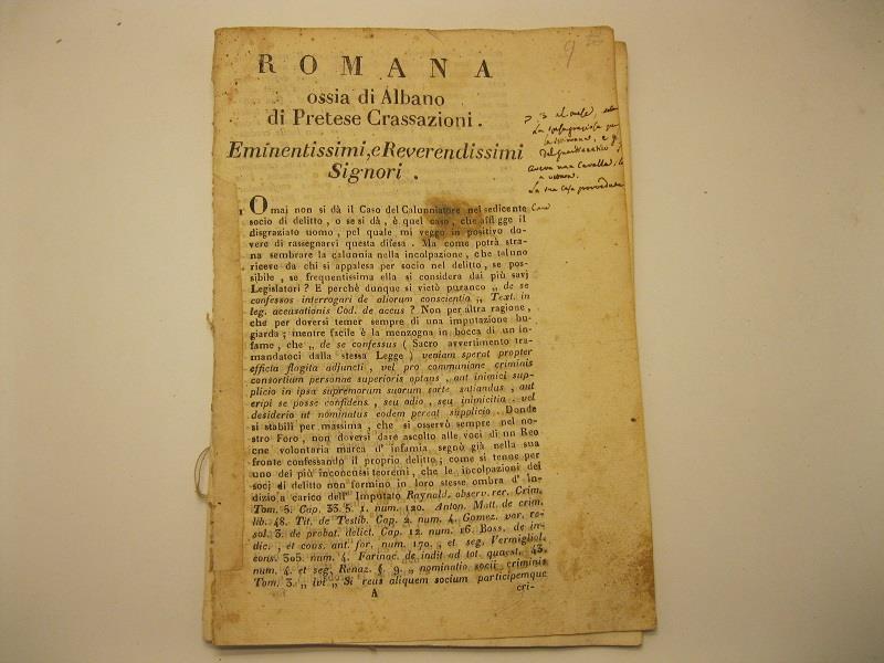 Alla s.gra consulta monsig. ill.mo e r.mo Lazzari Ponente. Romana ossia Albano di pretese crassazioni per Niccola Cavallo contro L. A. Curia e il fisco. Difesa con sommario