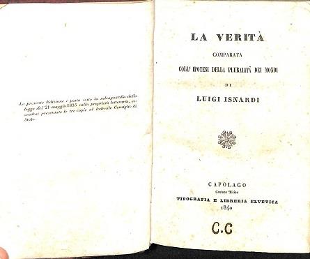 La verita' comparata coll'ipotesi della pluralita' dei mondi LEG. CON: Delle comete ed in particolare di quella che attendesi nell'anno bisestile 1848 - copertina
