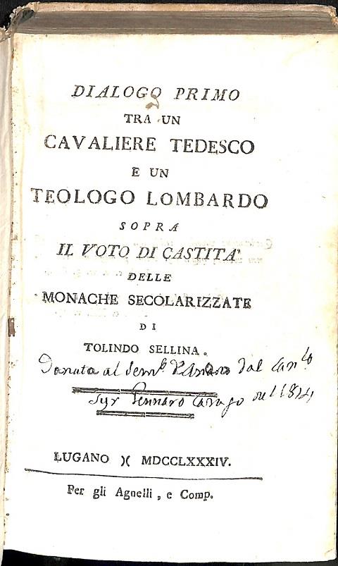 Dialogo primo tra un cavaliere tedesco e un teologo lombardo sopra il voto di castita' delle monache secolarizzate - copertina