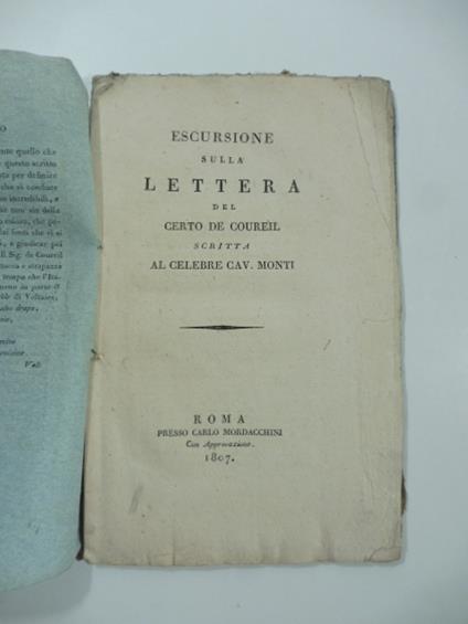 Escursione sulla lettera del certo De Coureil scritta al celebre cav. Monti - copertina