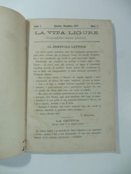 La vita ligure. Giornaletto senza pretese, anno I, 12 numeri. Zuleika. Novella araba in versi - copertina