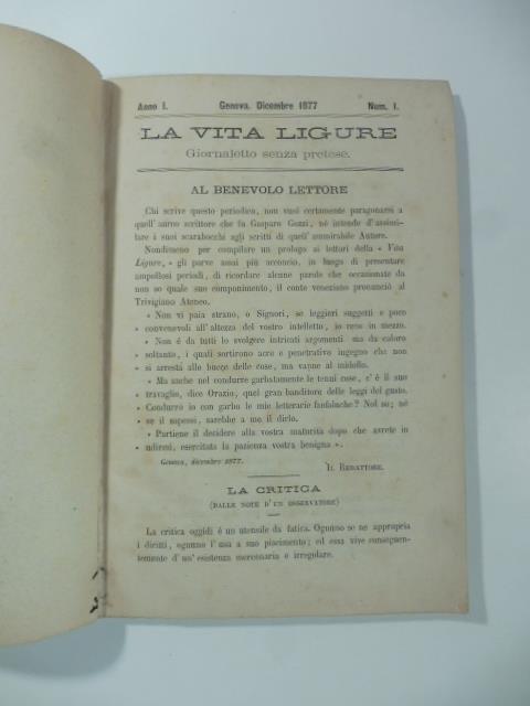 La vita ligure. Giornaletto senza pretese, anno I, 12 numeri. Zuleika. Novella araba in versi - copertina
