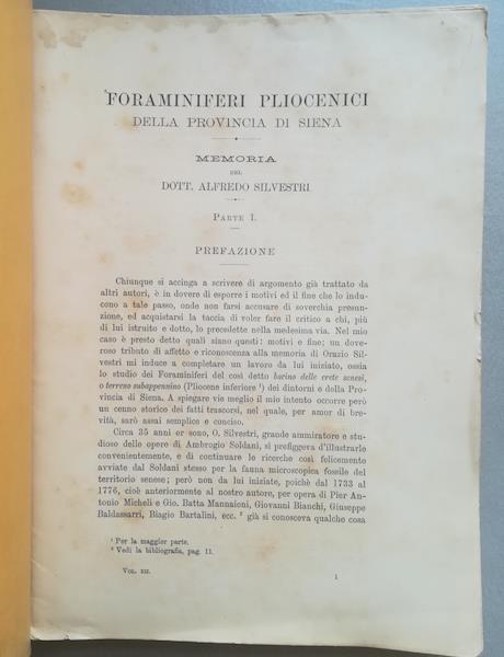 Foraminiferi pliocenici della provincia di Siena. Memoria. Parte prima - copertina