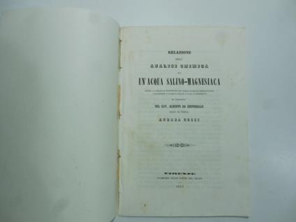 Relazione dell'analisi chimica di un'acqua salino-magnesiaca esistente in prossimita' di Poggibonsi nella fattoria denominata Strozzavolpe.. - copertina