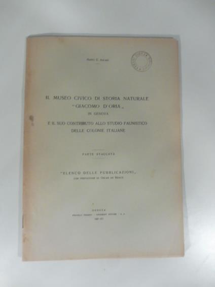 Il Museo civico di storia naturale Giacomo Doria in Genova e il suo contributo allo studio faunistico delle colonie italiane. Elenco delle pubblicazioni - copertina