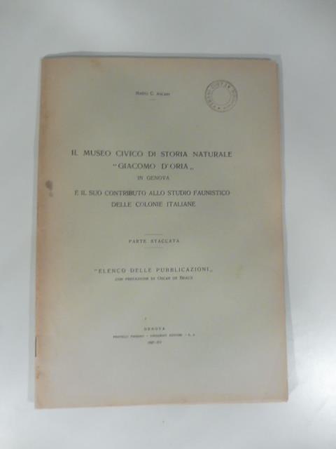 Il Museo civico di storia naturale Giacomo Doria in Genova e il suo contributo allo studio faunistico delle colonie italiane. Elenco delle pubblicazioni - copertina