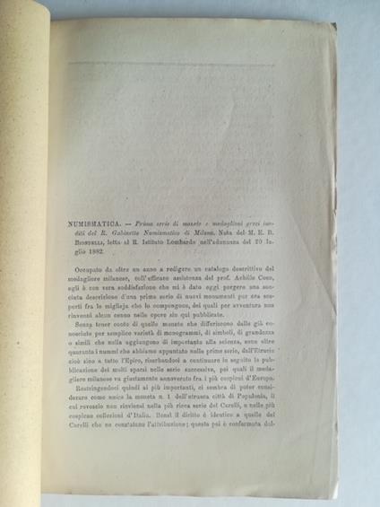 Numismatica. Prima serie di monete e medaglioni greci inediti del R. Gabinetto numismatico di Milano - copertina