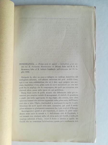 Numismatica. Prima serie di monete e medaglioni greci inediti del R. Gabinetto numismatico di Milano - copertina