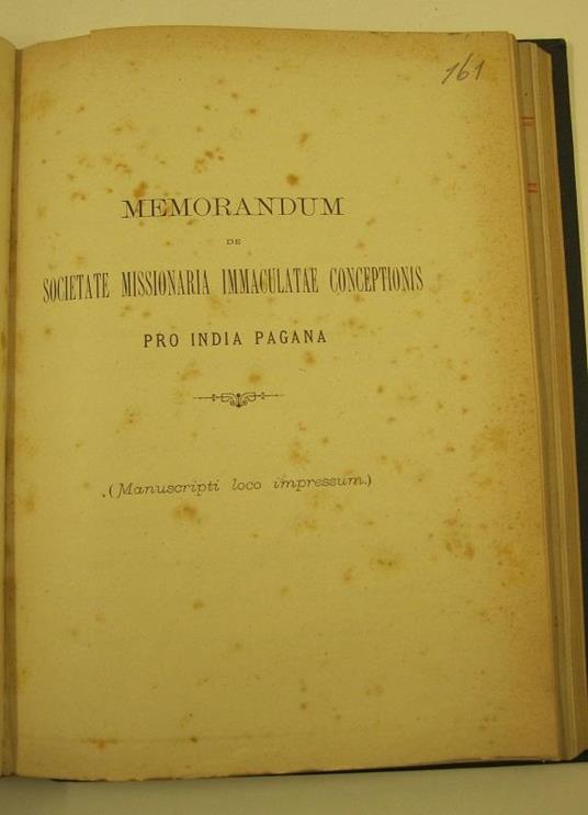 Memorandum de societate missionaria immaculatae conceptionis pro India pagana (manuscripti loco impressum) - copertina