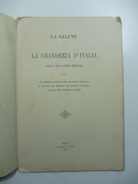 La salute e la grandezza d'Italia dalla sua unita' morale ossia la legittima soluzione della questione romana, il concorso dei Cattolici alle elezioni politiche, la pace nella questione sociale - copertina