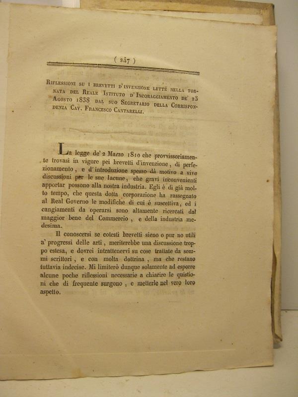 Riflessioni su i brevetti d'invenzione lette nella tornata del Reale Istituo d'Incoraggiamento..