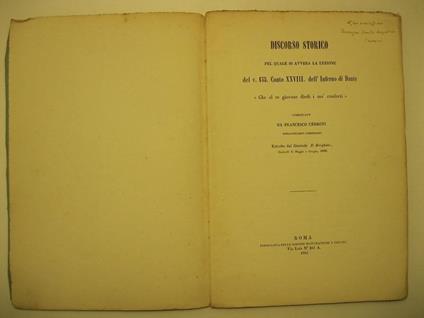 Discorso storico, pel quale si avvera la lezione del v. 135. Canto XXVIII, dell'Inferno di Dante Che al re giovane diedi i ma' conforti. Compilato da Francesco Cerroti, bibliotecario Corsiniano. Estratto dal Giornale Il Borghini, fascicoli di Maggio - copertina
