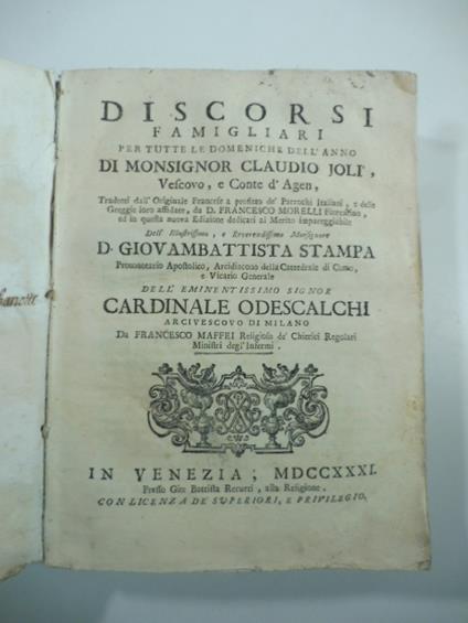 Discorsi famigliari per tutte le domeniche dell'anno... tradotti dall'originale francese a profitto de' parrochi italiani - copertina