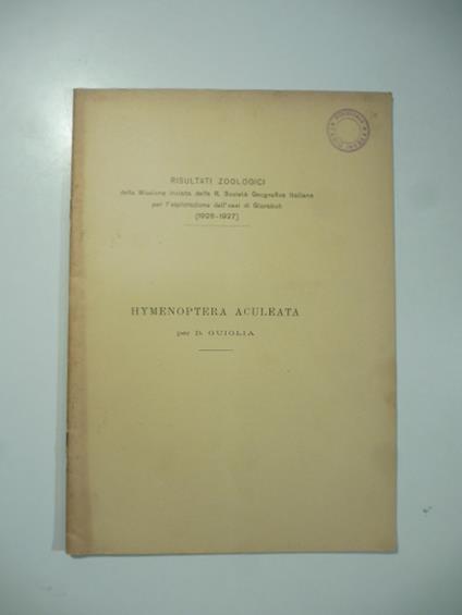 Risultati zoologici della Missione inviata dalla R. Societa' Geografica italiana per l'esplorazione dell'oasi di Giarabub (1926-1927). Hymenoptera aculeata - copertina