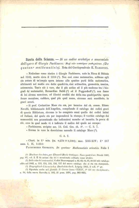 Di un codice archetipo e sconosciuto dell'opera di Giorgio Pachimere: De quatuor mathematicis - copertina