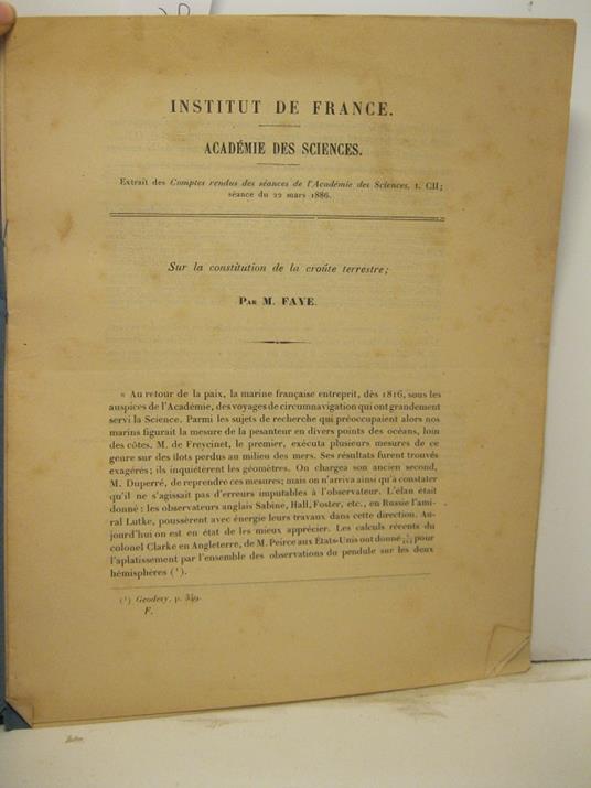 Institut de France. Academie des Sciences. Extrait des Comptes rendus des seances de l'Academie des Sciences. Sur la constitution de la croute terrestre SEGUE Sur la constitution de la croute terrestre conclusion - copertina