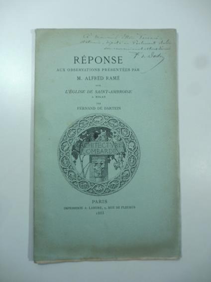 Reponse aux observations presentees par M. Alfred Rame' sur l'eglise de Saint-Ambroise a Milan - copertina
