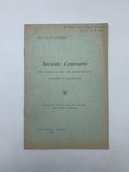 Secondo centenario dell'annessione del Monferrato ai dominii di Casa Savoia - copertina