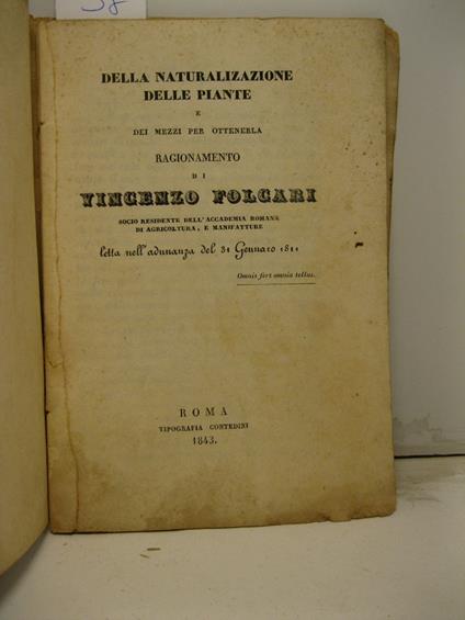 Della naturalizazione (sic) delle piante e dei mezzi per ottenerla. Ragionamento letto nell'adunanza del 31 Gennaro 1811 - copertina