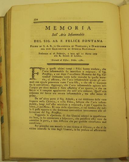 Memoria sull'aria infiammabile del sig. ab. F. Felice Fontana fisico di S. A. R. il granduca di Toscana... presentata ai 28 Febbraio e letta agli 11 marzo 1779 alla R. Societa' di Londra SEGUE Transunto degli sperimenti ed osservazioni del sig. Dot. - copertina