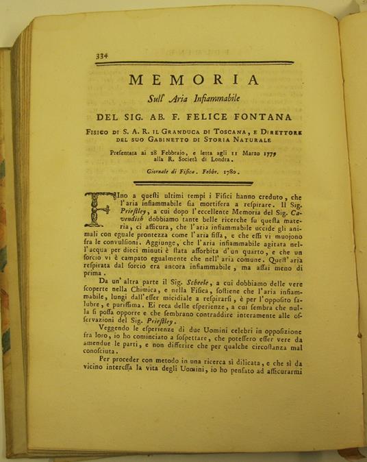 Memoria sull'aria infiammabile del sig. ab. F. Felice Fontana fisico di S. A. R. il granduca di Toscana... presentata ai 28 Febbraio e letta agli 11 marzo 1779 alla R. Societa' di Londra SEGUE Transunto degli sperimenti ed osservazioni del sig. Dot. - copertina