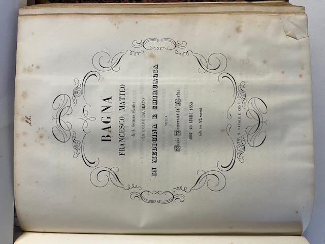 Bagna Francesco Matteo da S. Germano (Casale) per essere laureato in Medicina e Chirurgia. Della mastite