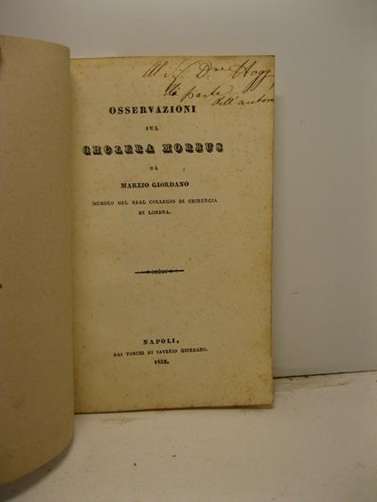 Osservazioni sul cholera morbus da Marzio Giordano membro del Real Collegio di chirurgia di Londra - copertina