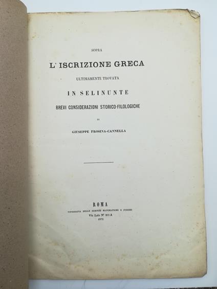 Sopra l'iscrizione greca ultimamente ritrovata in Selinunte. Brevi considerazioni storico-filologiche - copertina