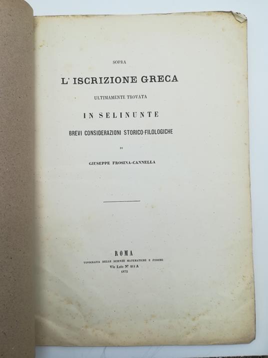 Sopra l'iscrizione greca ultimamente ritrovata in Selinunte. Brevi considerazioni storico-filologiche - copertina