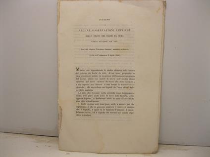 Intorno ad alcune osservazioni chimiche sullo stato dei bachi da seta nelle diverse sue eta' (letta nell'adunanza 8 luglio 1850) - copertina