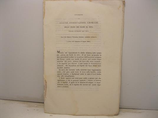 Intorno ad alcune osservazioni chimiche sullo stato dei bachi da seta nelle diverse sue eta' (letta nell'adunanza 8 luglio 1850) - copertina