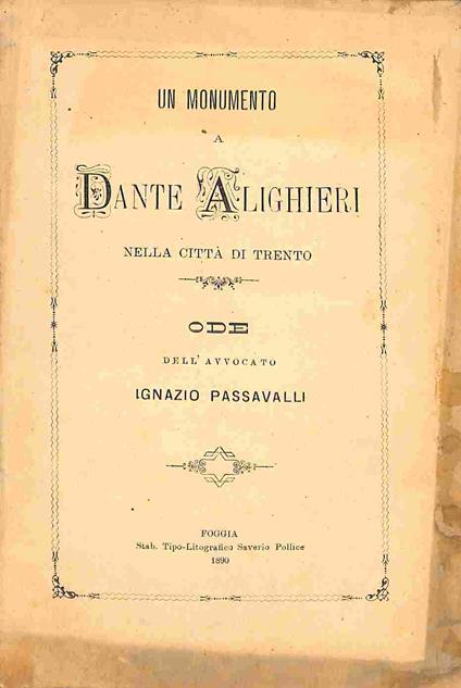 Un monumento a Dante Alighieri nella citta' di Trento. Ode - copertina