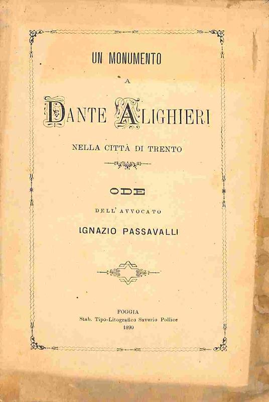 Un monumento a Dante Alighieri nella citta' di Trento. Ode - copertina