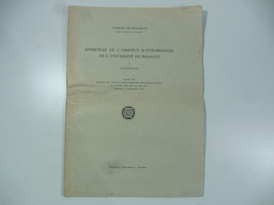 Sphecidae de l'Institut d'entomologie de l'Universite' de Bologne. I. Nyssoninae - copertina